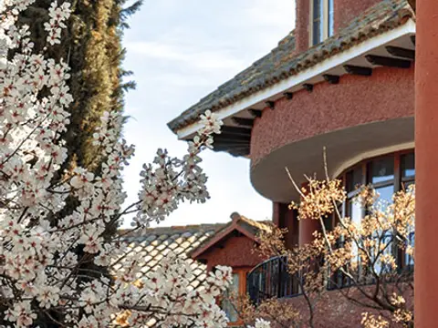 el edificio del albergue en primavera