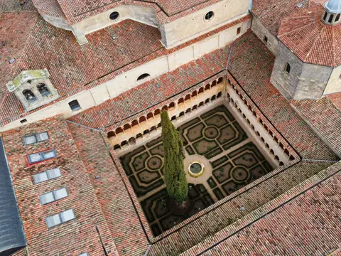 claustro románico con el ciprés, desde arriba