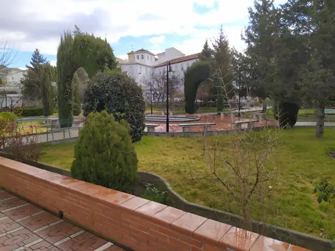 terraza y jardín, con el edificio de la casa al fondo