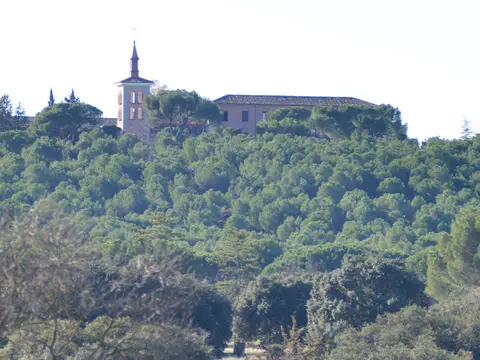 el conjunto del convento y la casa sobre el monte, rodeado por el encinar de El Pardo