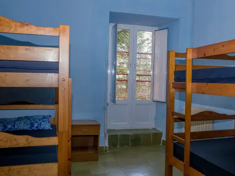 habitación del albergue con literas y ventana al bosque