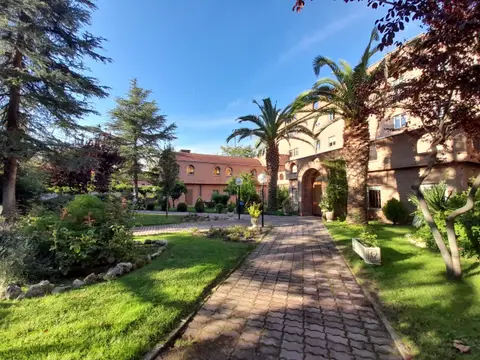 el edificio de la casa visto desde el jardín, con el camino de ladrillo y las palmeras