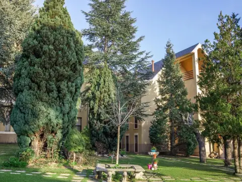 el edificio de la casa desde el jardín, entre los cedros