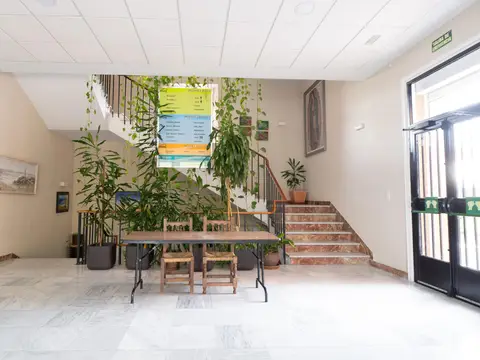 vestíbulo de entrada de la casa con la escalera y las plantas