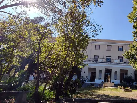 el edificio de la casa visto desde el parque, entre los árboles