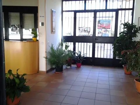 vestíbulo y recepción de la residencia, con la cristalera de entrada y las plantas