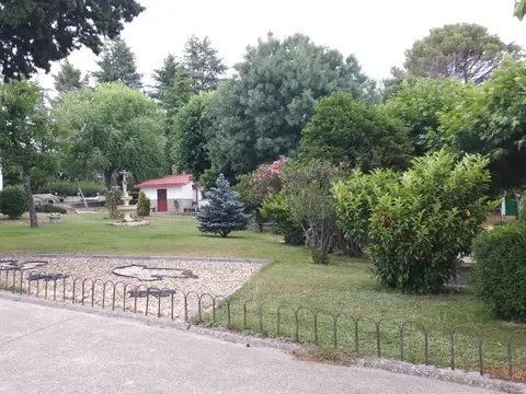 jardín de la finca, con la fuente, el crucero y los pinos