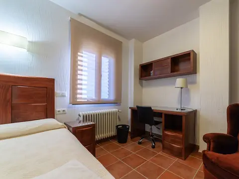 habitación individual con cama, escritorio y butaca