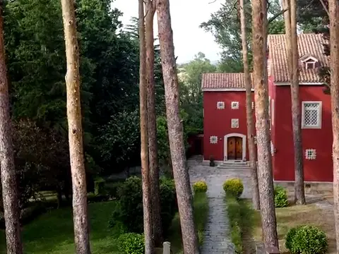 la casa principal, de fachada roja, entre el pinar de la finca