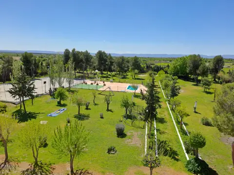 vista aérea de la finca: el edificio de la hospedería, el jardín arbolado y la piscina