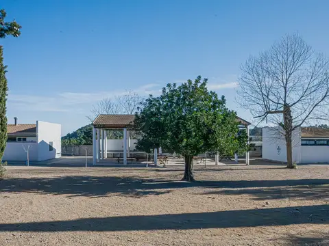 zona cubierta con mesas de picnic entre los edificios